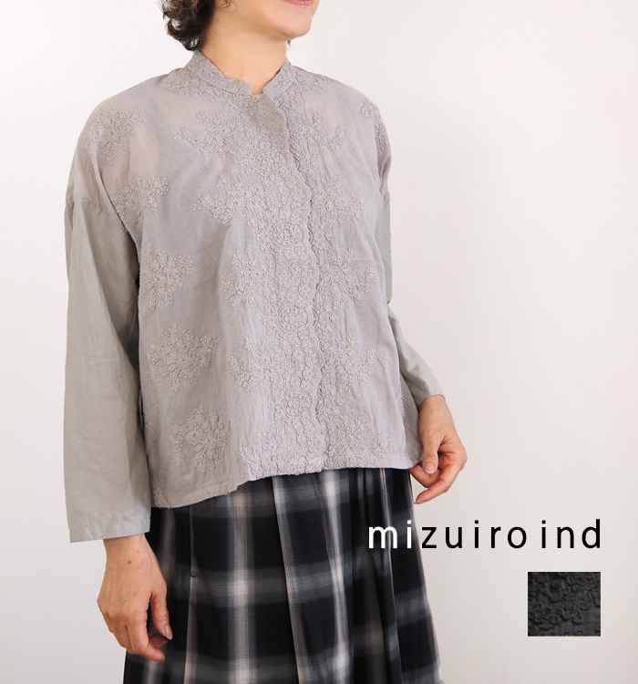 mizuiro ind ミズイロインド シャツ ワイド レーススタンドカラー レディース