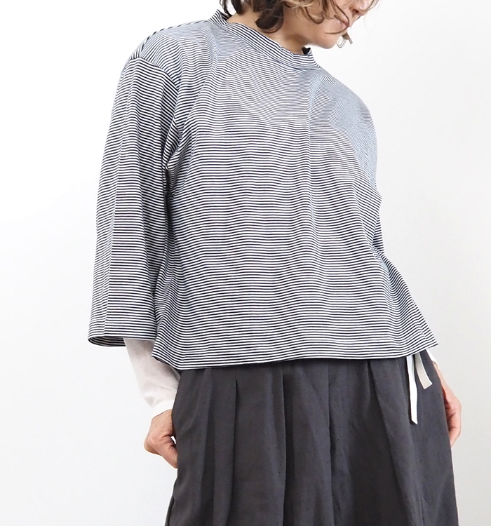 MidiUmi ミディウミ モックネックボーダーワイドTシャツ
