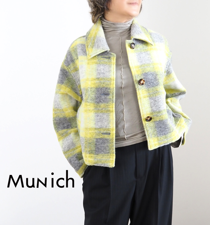 Munich トラッカーチェックジャケット イエロー×グレー 着用イメージ