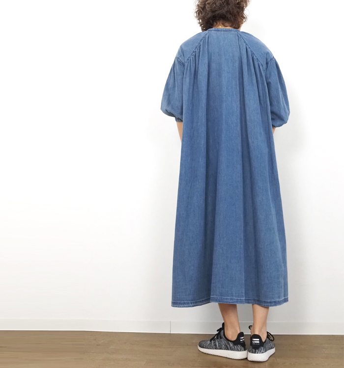 cafune カフネ ロングワンピース ダンガリーギャザーネック 7分袖 レディース