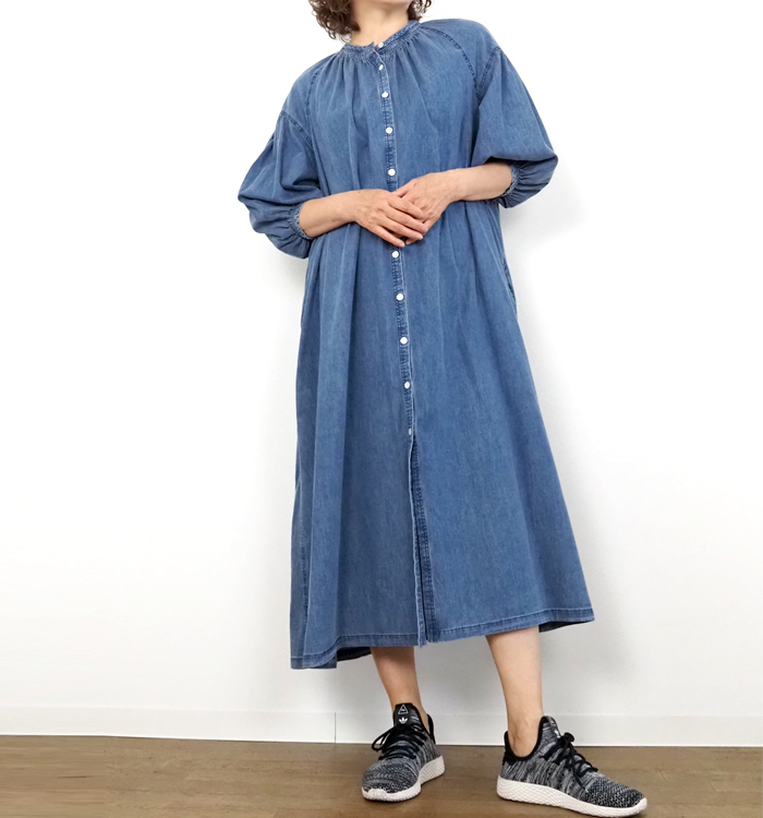 cafune カフネ ロングワンピース ダンガリーギャザーネック 7分袖 レディース