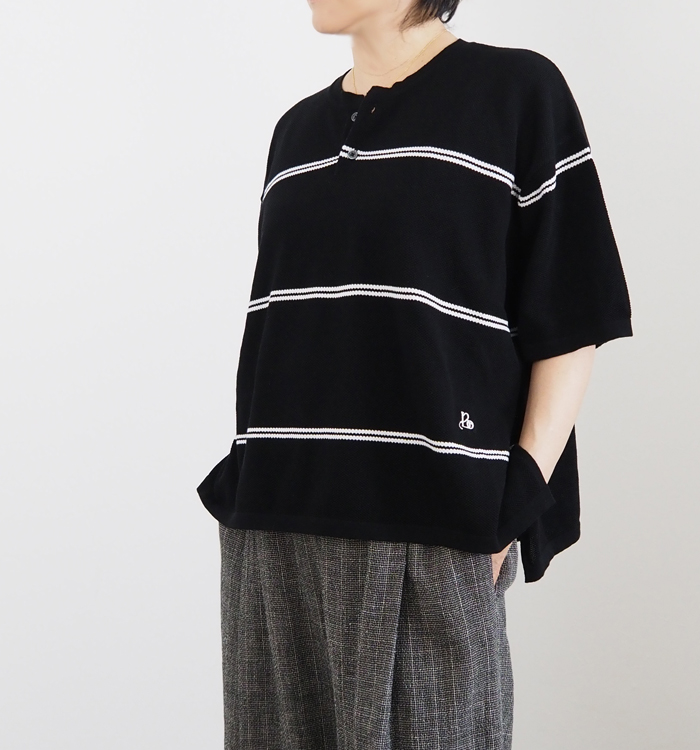 Boutique Ordinary ブティークオーディナリー ボーダー ニットポロ バンドカラー カノコ編み