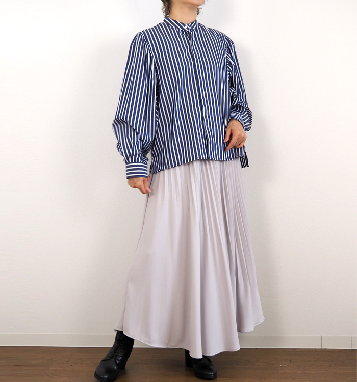 MANON マノン ギャザースリーブ バンドカラーシャツ レディース