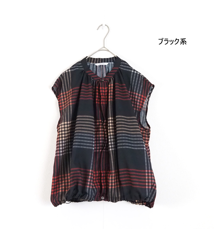 MANON チェックプリント スピンドルギャザーブラウス ブラック